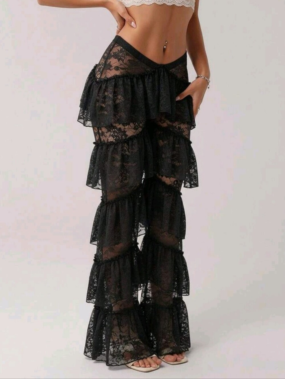 Y2k Women's V-Front Waistband Western Party Layered Ruffle Hem Lace - Picture 8 of 8